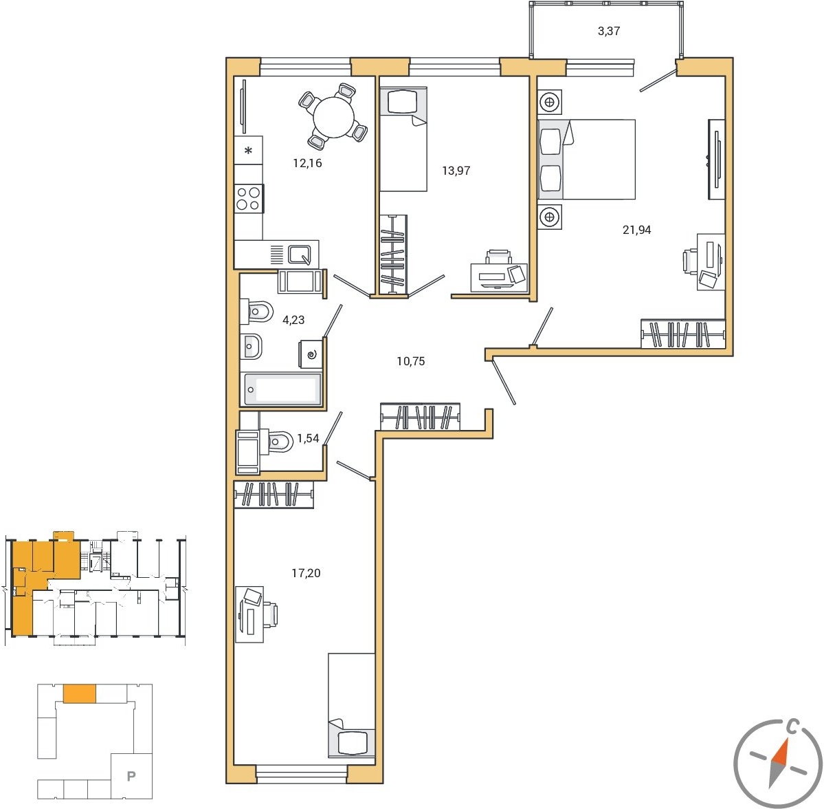 3-комнатная квартира в ЖК Сиреневый Парк на 2 этаже в 6 секции. Сдача в 1 кв. 2024 г.