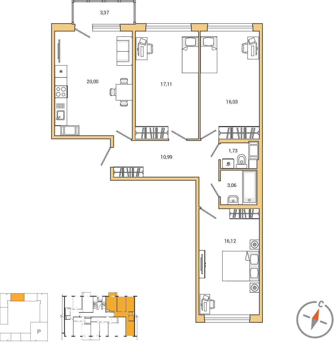 3-комнатная квартира в ЖК Сиреневый Парк на 6 этаже в 2 секции. Сдача в 1 кв. 2024 г.