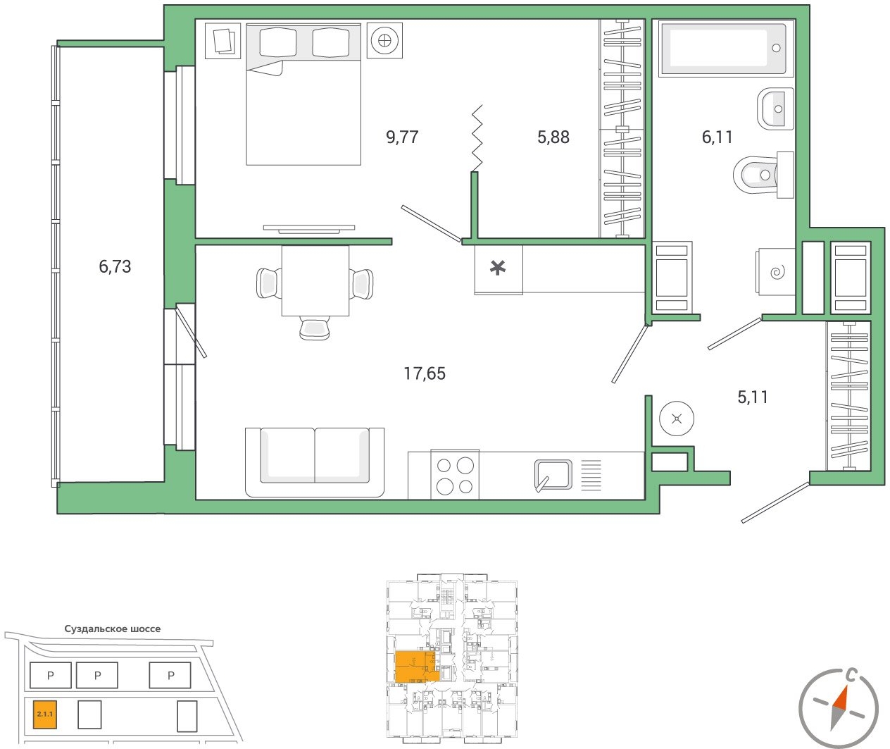 2-комнатная квартира в ЖК Сиреневый Парк на 6 этаже в 2 секции. Сдача в 1 кв. 2024 г.