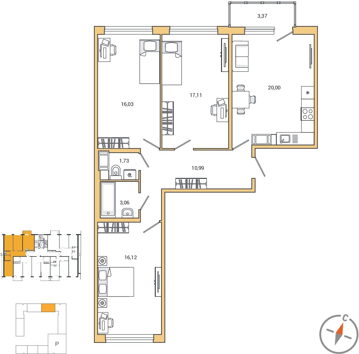3-комнатная квартира в ЖК Сиреневый Парк на 18 этаже в 1 секции. Сдача в 1 кв. 2024 г.