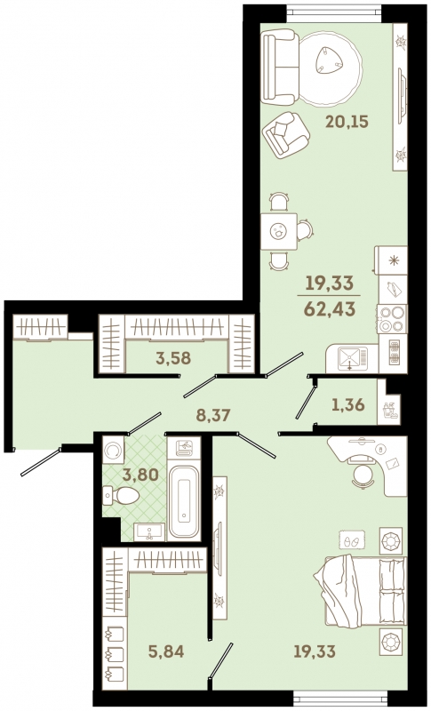 1-комнатная квартира в ЖК Сиреневый Парк на 6 этаже в 1 секции. Сдача в 1 кв. 2024 г.