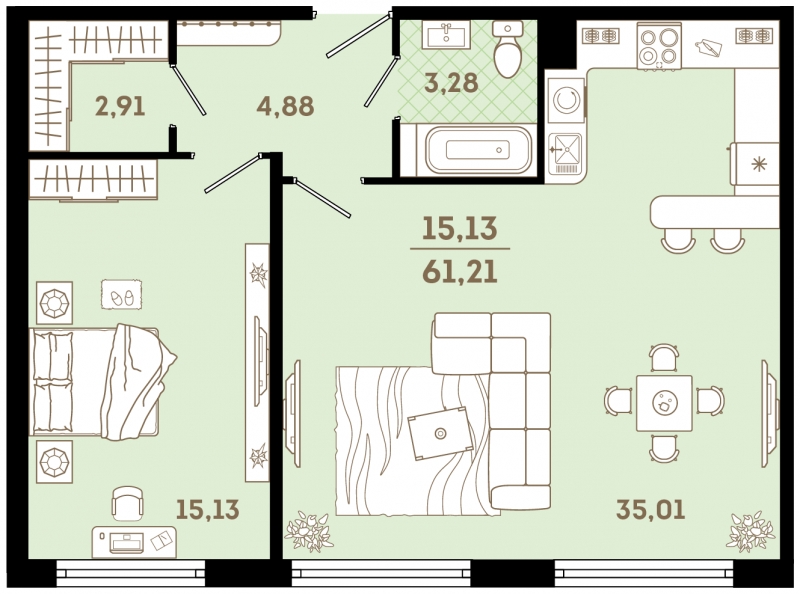 1-комнатная квартира с отделкой в ЖК Цветочные Поляны на 3 этаже в 4 секции. Сдача в 4 кв. 2025 г.