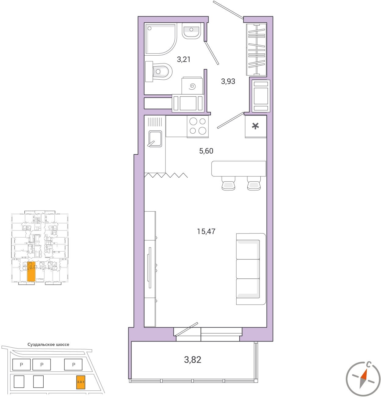 1-комнатная квартира (Студия) в ЖК Сиреневый Парк на 12 этаже в 5 секции. Сдача в 1 кв. 2024 г.