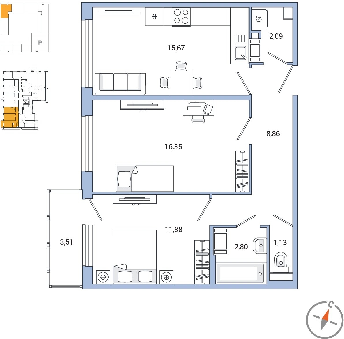 1-комнатная квартира в ЖК Материк на 4 этаже в 12 секции. Сдача в 2 кв. 2019 г.