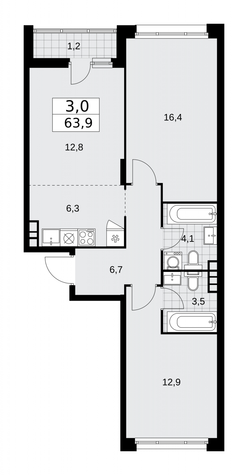 3-комнатная квартира в ЖК 31 квартал на 5 этаже в 1 секции. Дом сдан.