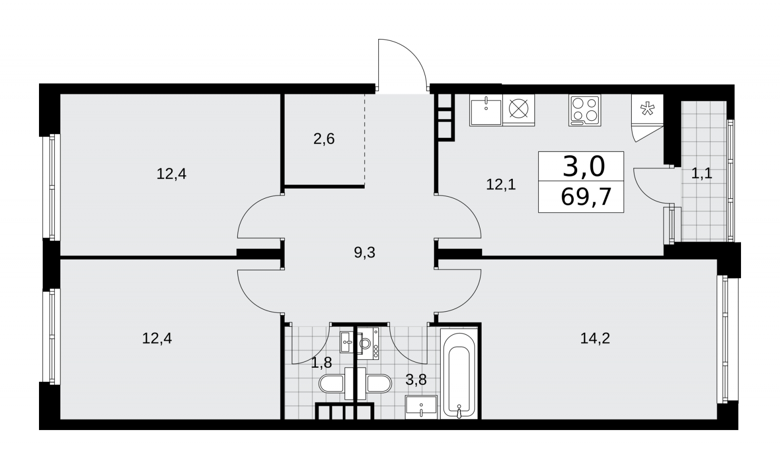3-комнатная квартира в ЖК Событие на 28 этаже в 1 секции. Сдача в 1 кв. 2025 г.