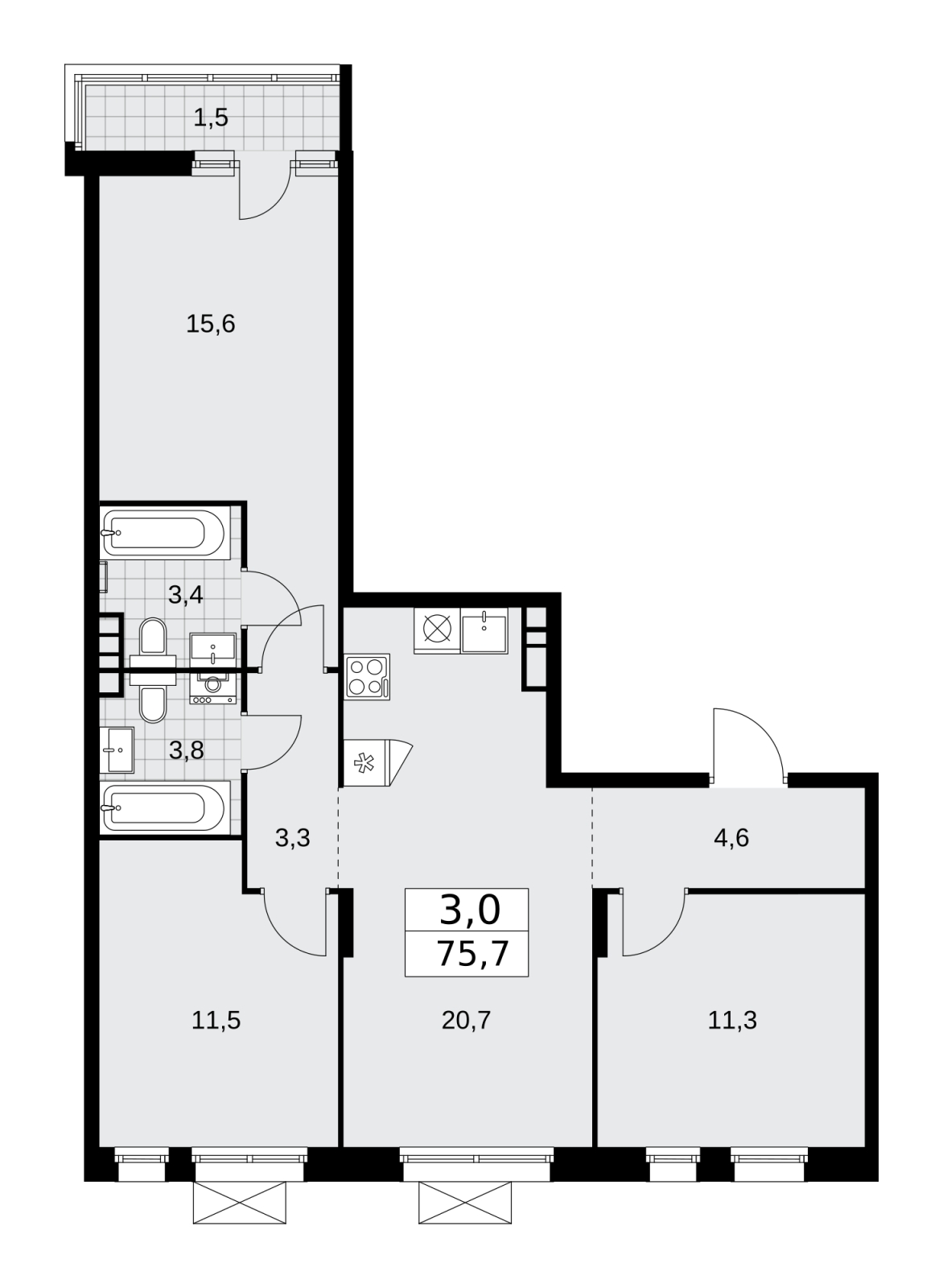 3-комнатная квартира в ЖК Английский квартал на 12 этаже в 16 секции. Дом сдан.