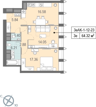 1-комнатная квартира (Студия) с отделкой в ЖК Новые Ватутинки. Центральный на 6 этаже в 7 секции. Сдача в 1 кв. 2024 г.