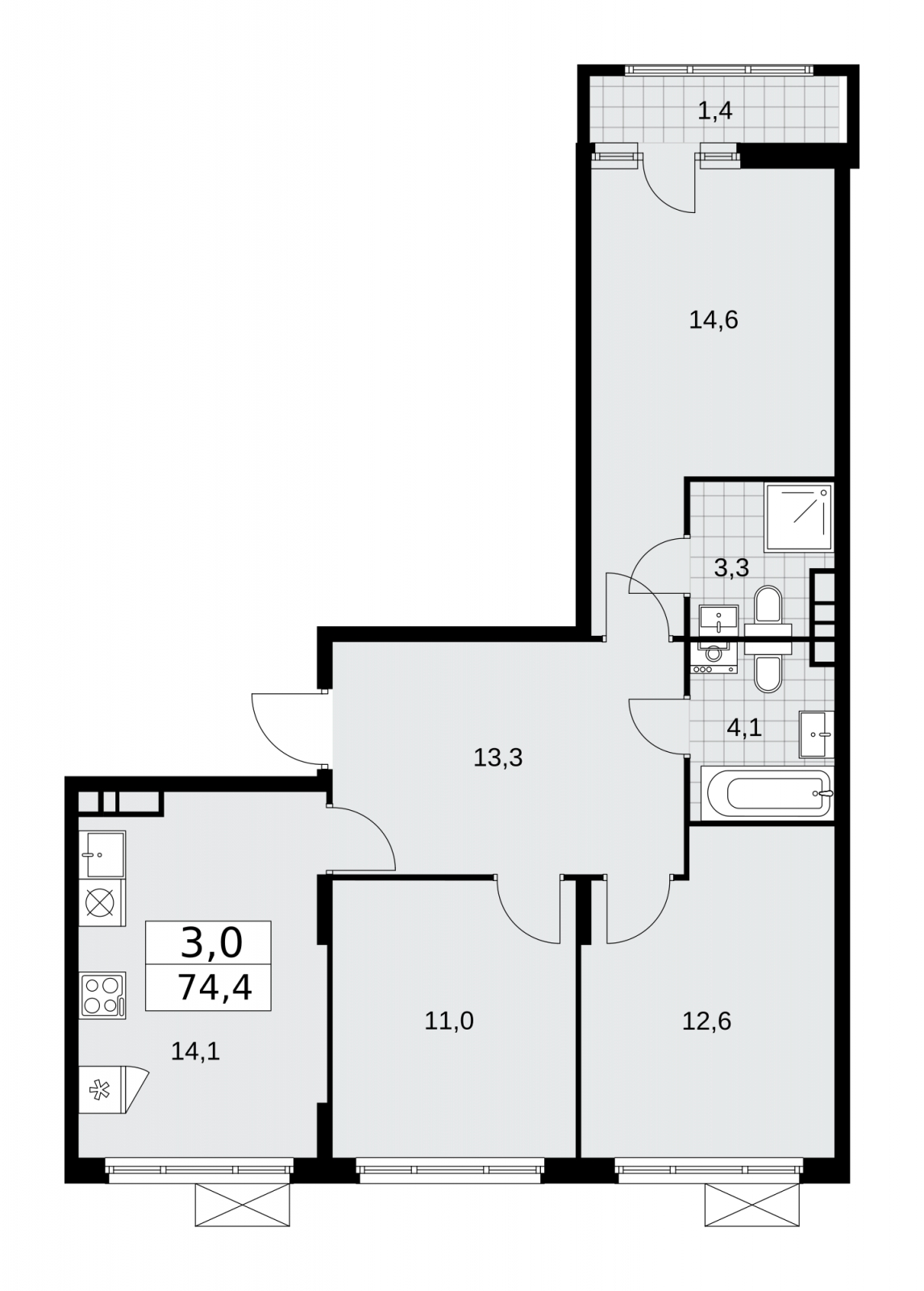 4-комнатная квартира в ЖК Полянка/44 на 6 этаже в 1 секции. Дом сдан.