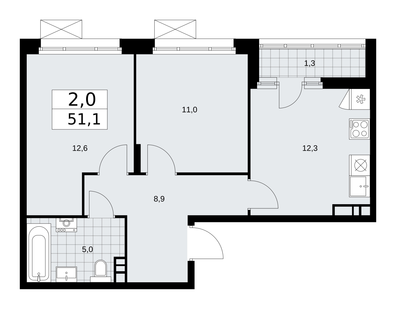 2-комнатная квартира в ЖК Большая семерка на 13 этаже в 1 секции. Сдача в 3 кв. 2022 г.