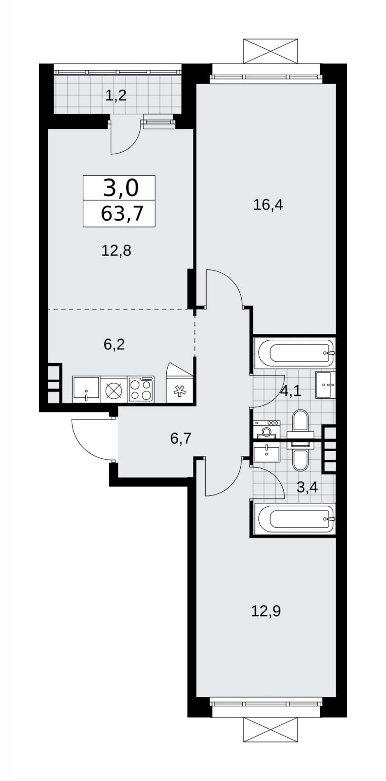 3-комнатная квартира в ЖК Движение.Тушино на 14 этаже в 1 секции. Сдача в 2 кв. 2022 г.