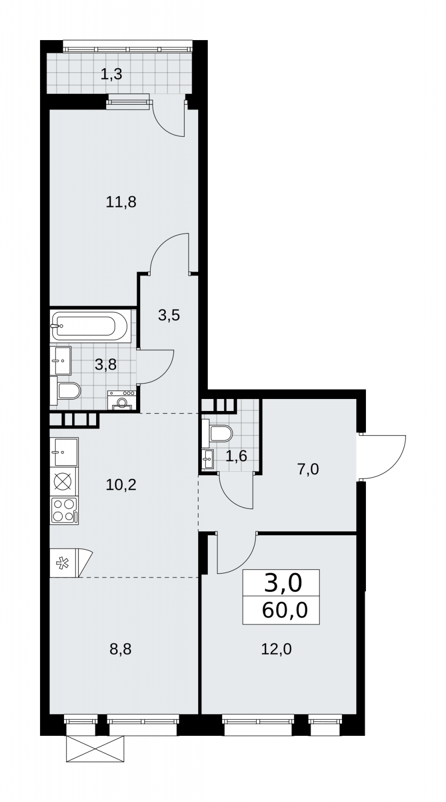 3-комнатная квартира в ЖК Большая семерка на 6 этаже в 1 секции. Сдача в 3 кв. 2022 г.