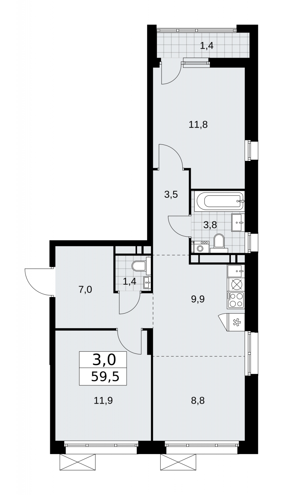 2-комнатная квартира в ЖК Большая семерка на 11 этаже в 1 секции. Сдача в 3 кв. 2022 г.