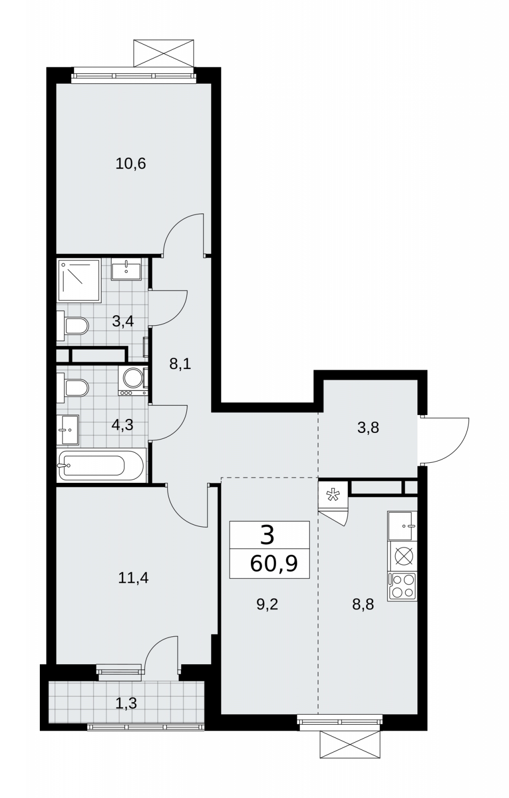 1-комнатная квартира (Студия) с отделкой в ЖК Цветочные Поляны на 3 этаже в 3 секции. Сдача в 1 кв. 2025 г.