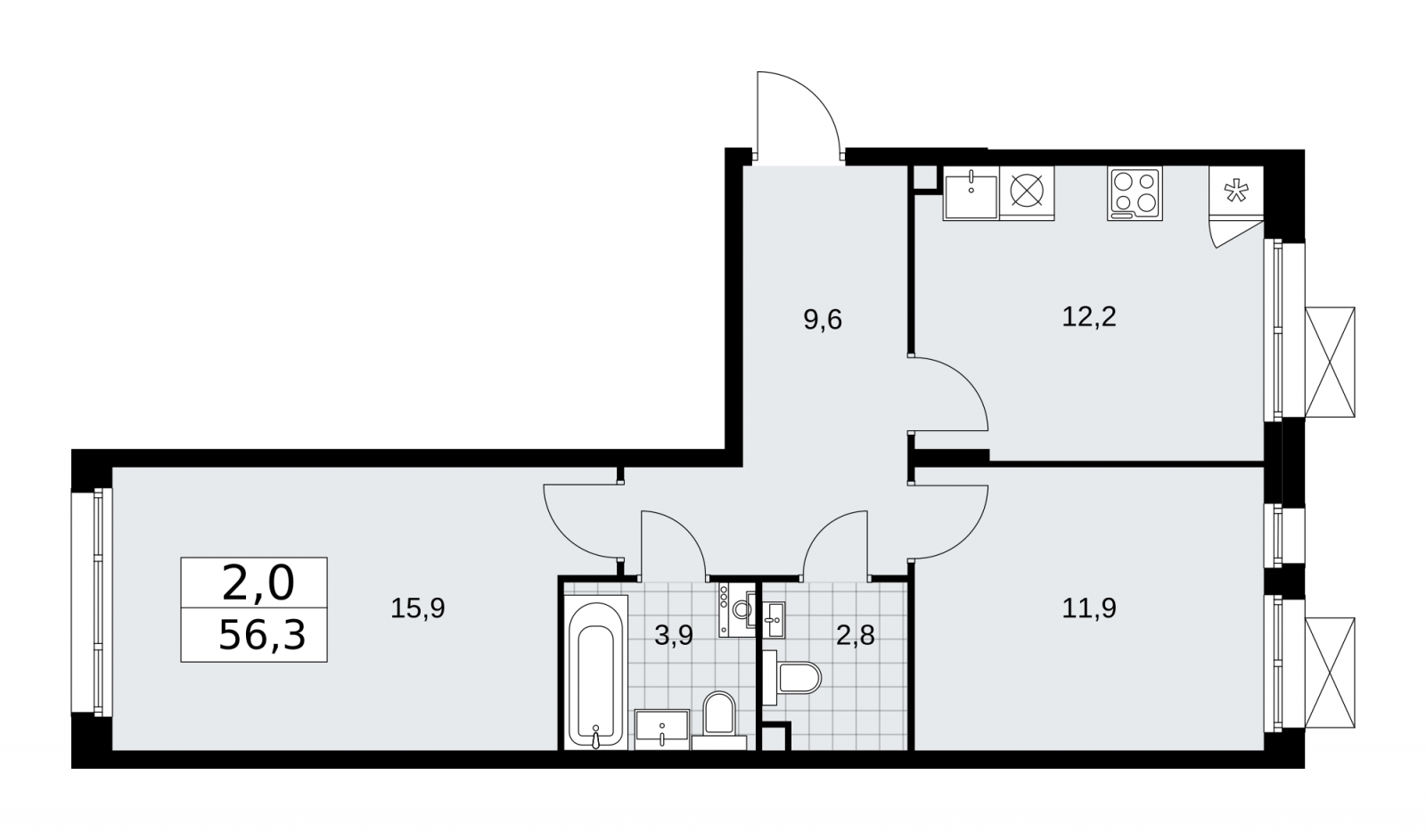 2-комнатная квартира в ЖК Большая семерка на 16 этаже в 1 секции. Сдача в 3 кв. 2022 г.