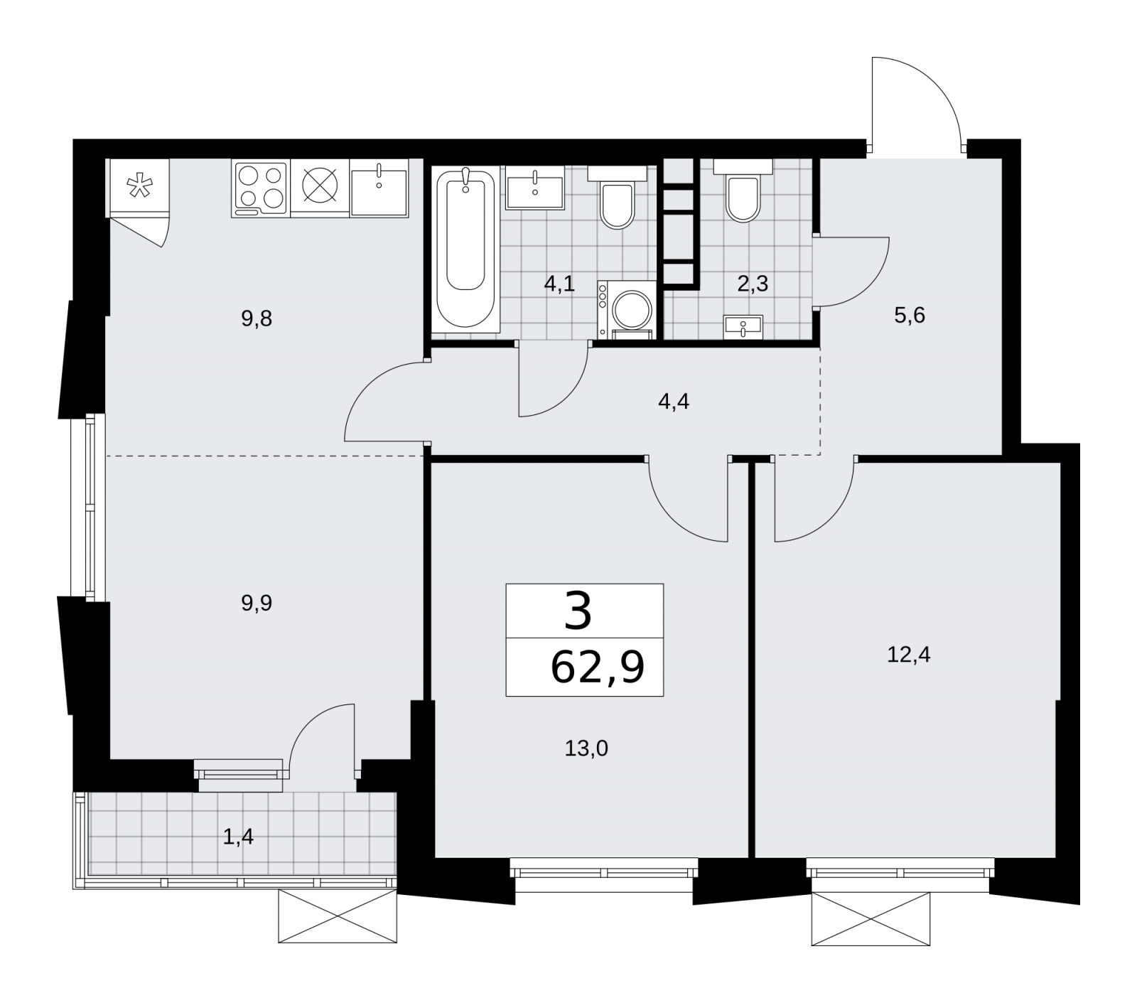 3-комнатная квартира в ЖК Байконур на 16 этаже в 1 секции. Дом сдан.