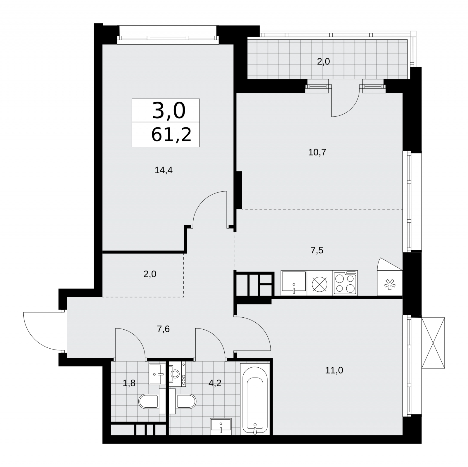 3-комнатная квартира в ЖК Большая семерка на 10 этаже в 1 секции. Сдача в 3 кв. 2022 г.