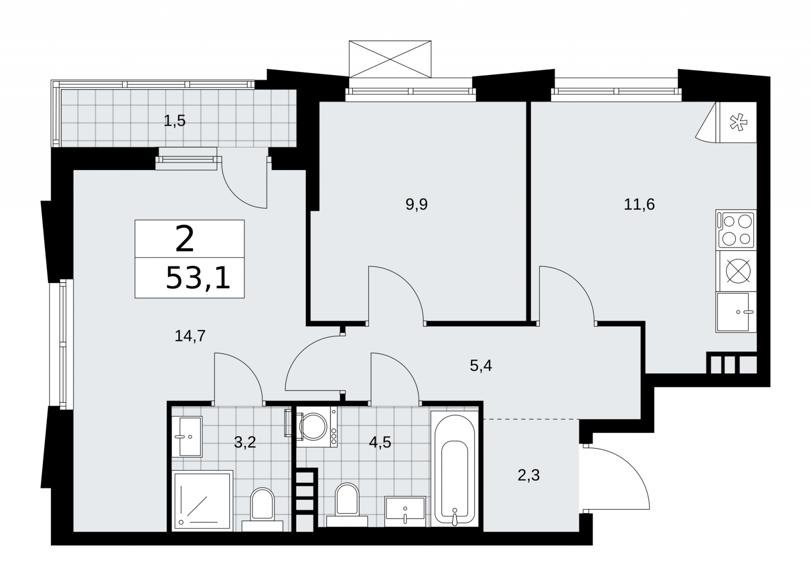 2-комнатная квартира в ЖК Румянцево-Парк на 5 этаже в 12 секции. Сдача в 4 кв. 2022 г.