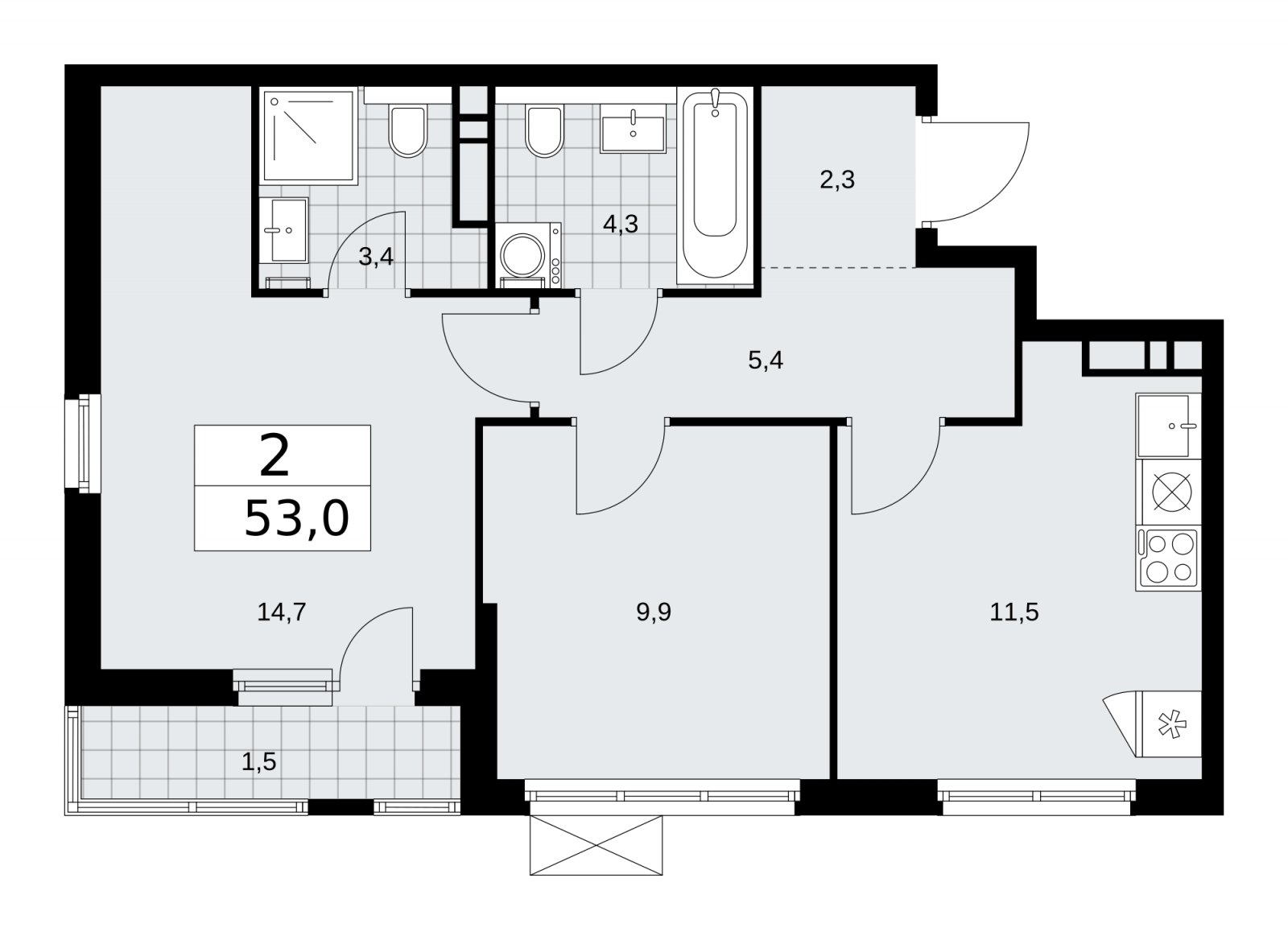 2-комнатная квартира в ЖК Румянцево-Парк на 4 этаже в 18 секции. Сдача в 4 кв. 2022 г.