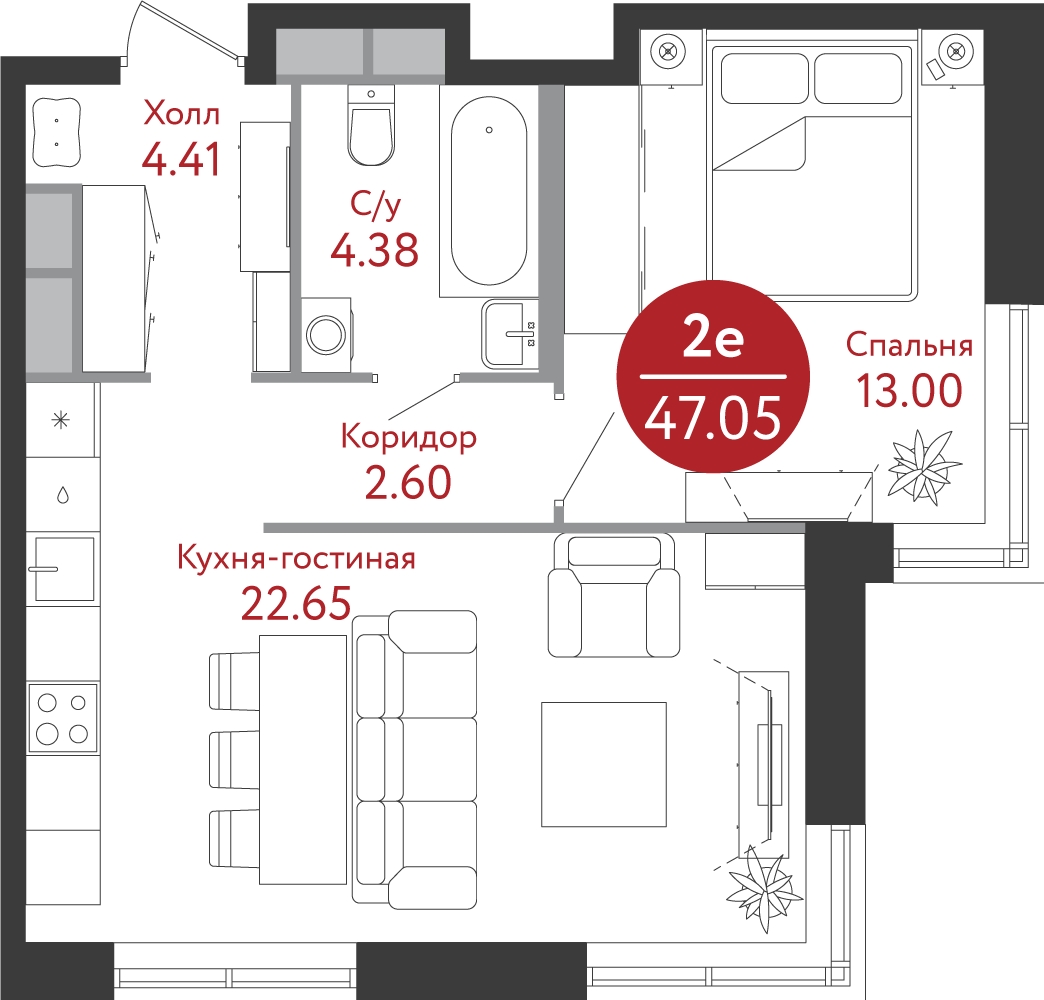 1-комнатная квартира в ЖК Прокшино на 4 этаже в 2 секции. Сдача в 1 кв. 2026 г.