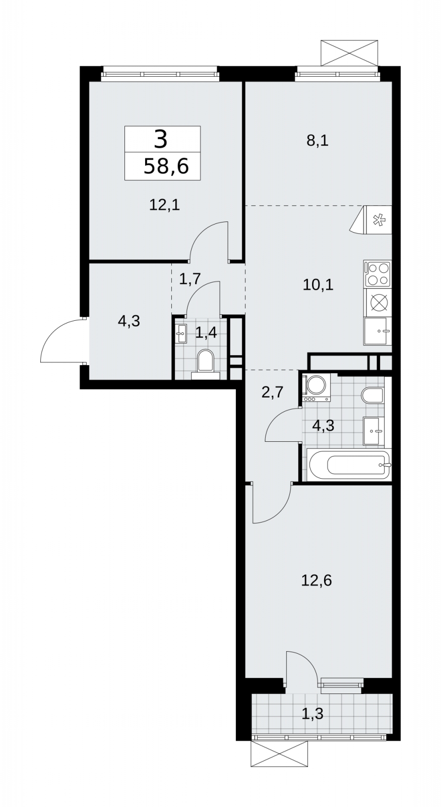 3-комнатная квартира с отделкой в ЖК Прокшино на 12 этаже в 1 секции. Сдача в 1 кв. 2026 г.