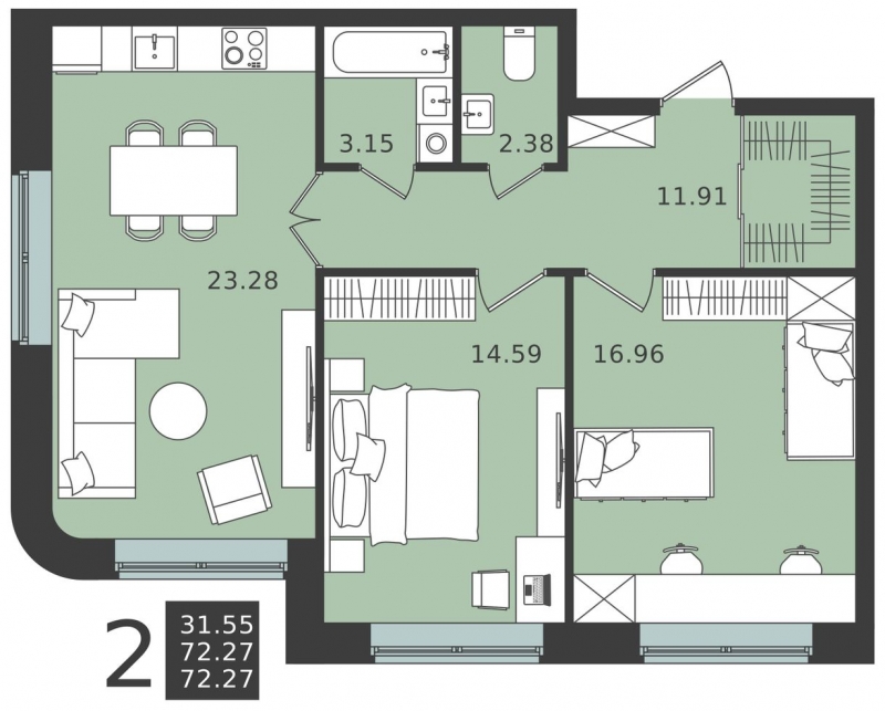 1-комнатная квартира в ЖК Прокшино на 8 этаже в 3 секции. Сдача в 1 кв. 2026 г.