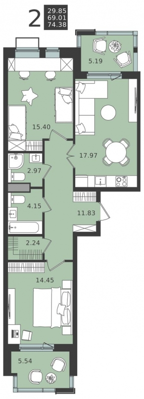 1-комнатная квартира (Студия) в ЖК Прокшино на 3 этаже в 4 секции. Сдача в 1 кв. 2026 г.