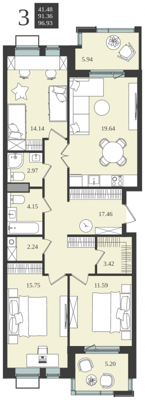 3-комнатная квартира в ЖК Прокшино на 3 этаже в 4 секции. Сдача в 1 кв. 2026 г.