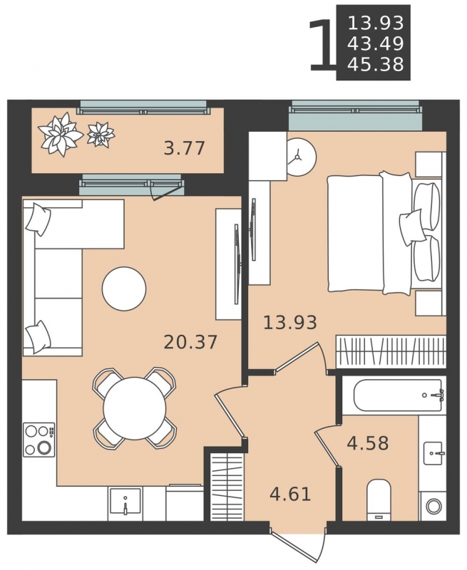 1-комнатная квартира (Студия) с отделкой в ЖК Прокшино на 10 этаже в 1 секции. Сдача в 2 кв. 2026 г.