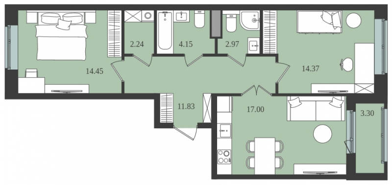1-комнатная квартира в ЖК Прокшино на 7 этаже в 3 секции. Сдача в 1 кв. 2026 г.