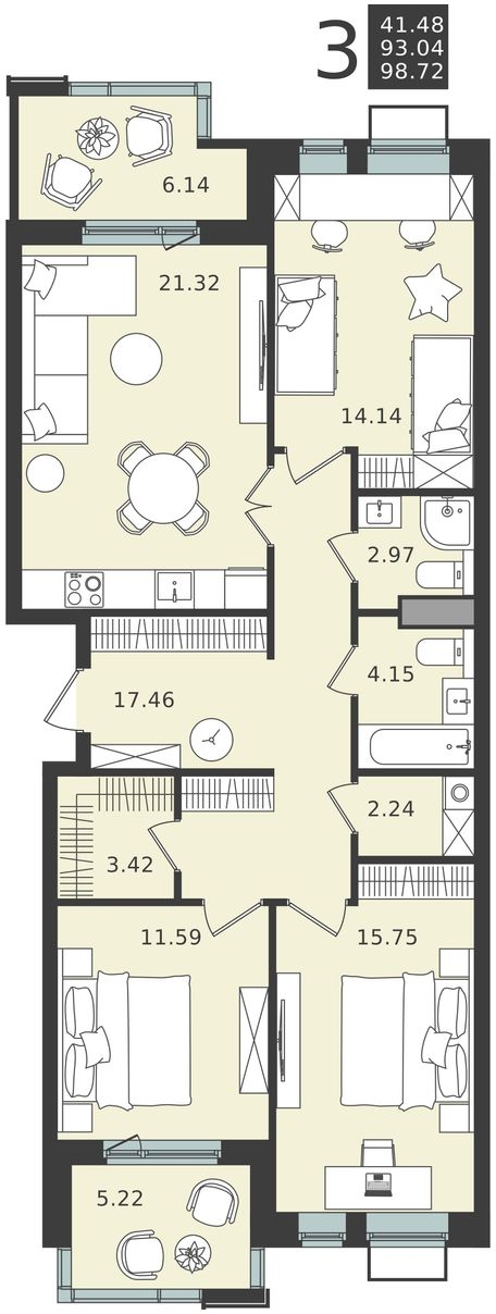 4-комнатная квартира с отделкой в ЖК Прокшино на 12 этаже в 1 секции. Сдача в 2 кв. 2026 г.