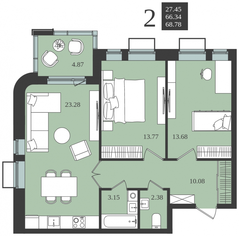 2-комнатная квартира в ЖК Прокшино на 2 этаже в 1 секции. Сдача в 1 кв. 2026 г.