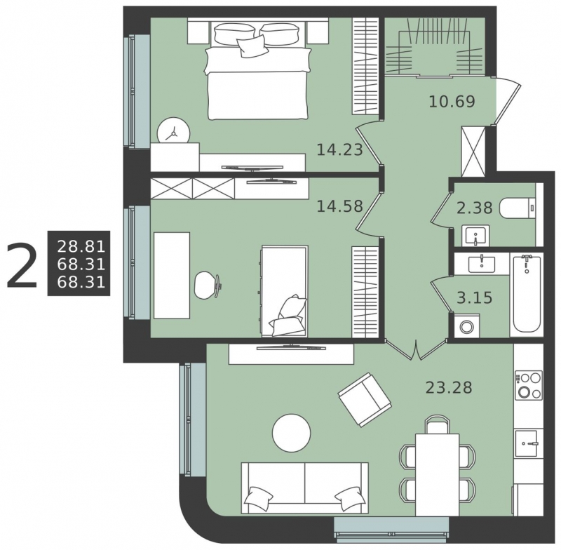 2-комнатная квартира в ЖК Прокшино на 4 этаже в 1 секции. Сдача в 1 кв. 2026 г.