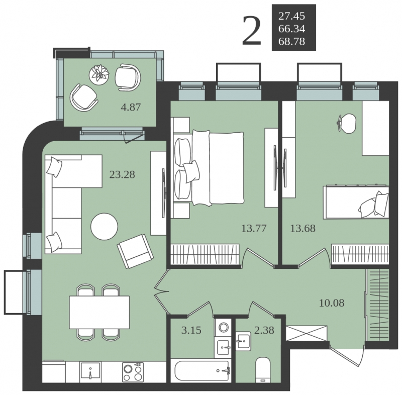 2-комнатная квартира в ЖК Прокшино на 12 этаже в 3 секции. Сдача в 1 кв. 2026 г.