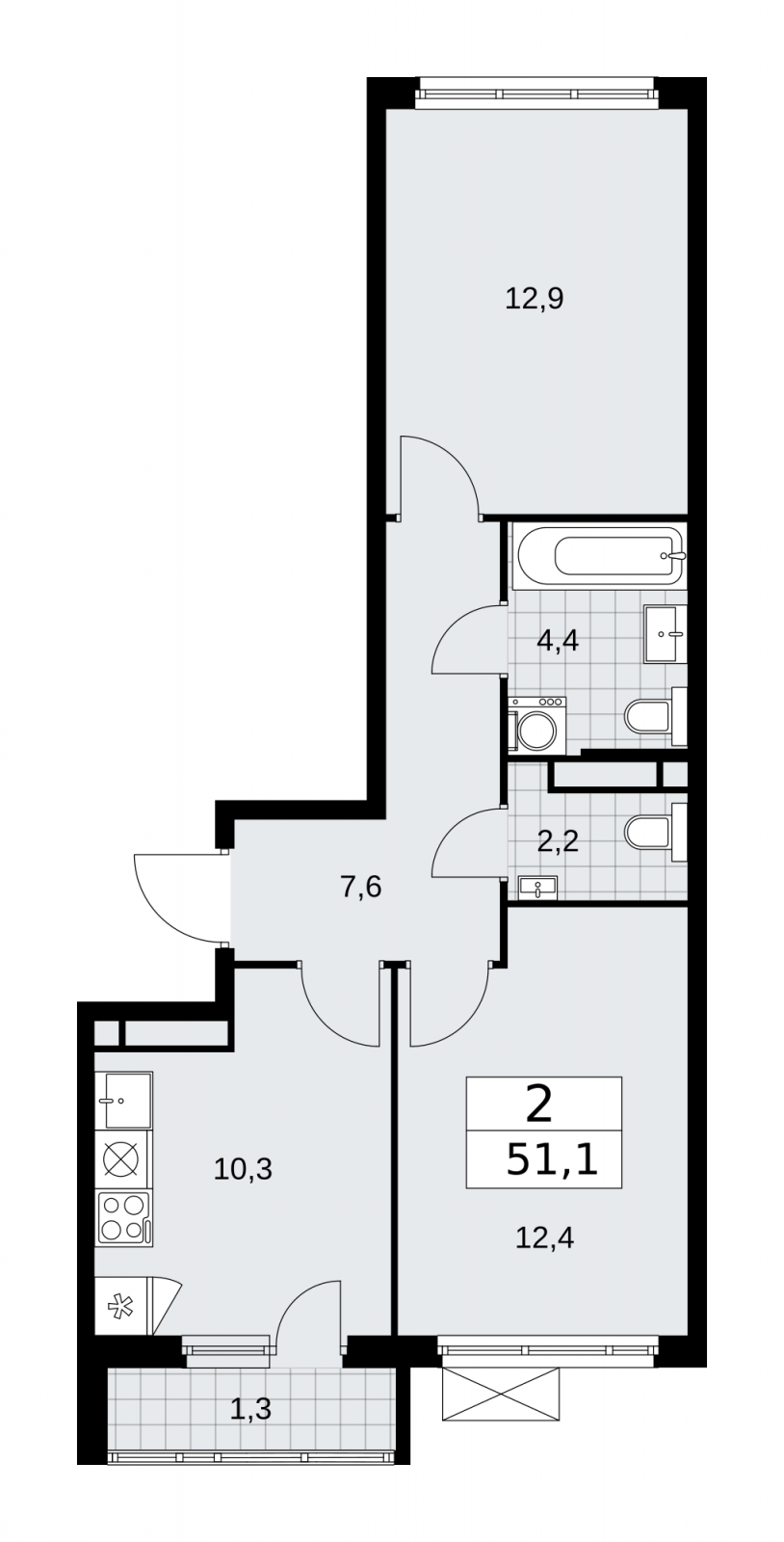 2-комнатная квартира в ЖК Прокшино на 11 этаже в 1 секции. Сдача в 4 кв. 2025 г.