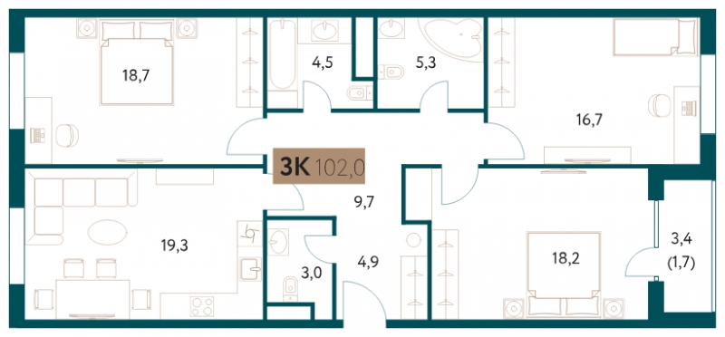 2-комнатная квартира в ЖК Прокшино на 7 этаже в 1 секции. Сдача в 1 кв. 2026 г.
