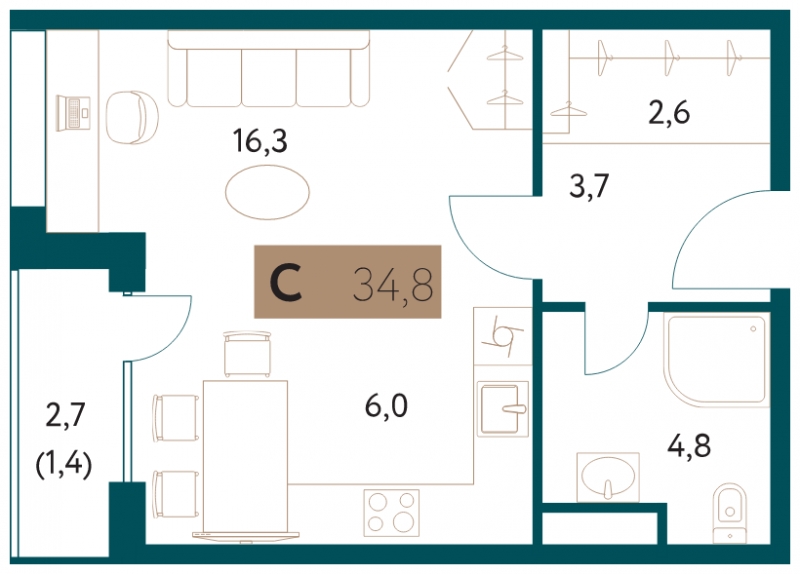 2-комнатная квартира в ЖК Прокшино на 7 этаже в 1 секции. Сдача в 1 кв. 2026 г.