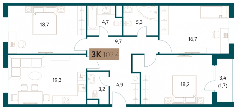 4-комнатная квартира с отделкой в ЖК iLove на 8 этаже в 3 секции. Сдача в 3 кв. 2024 г.