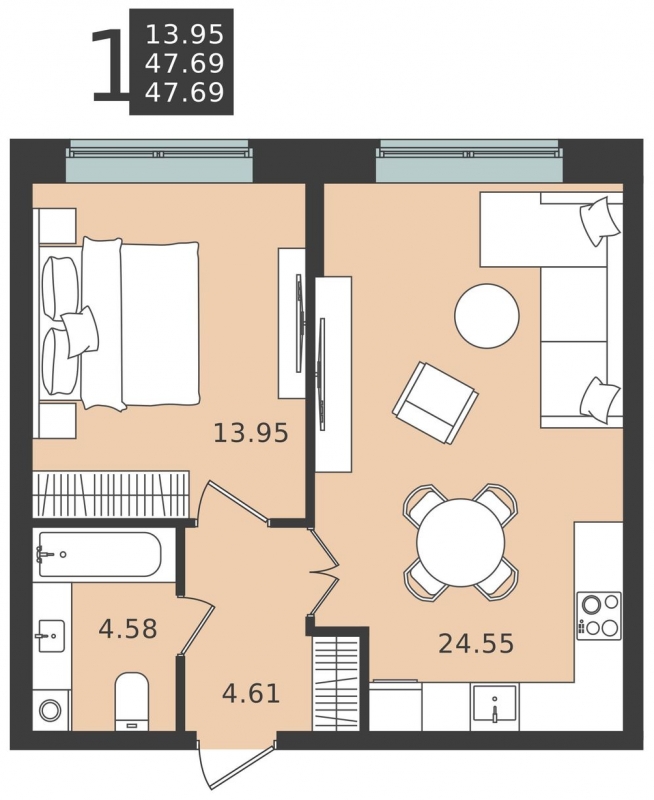 1-комнатная квартира (Студия) в ЖК Прокшино на 4 этаже в 4 секции. Сдача в 1 кв. 2026 г.