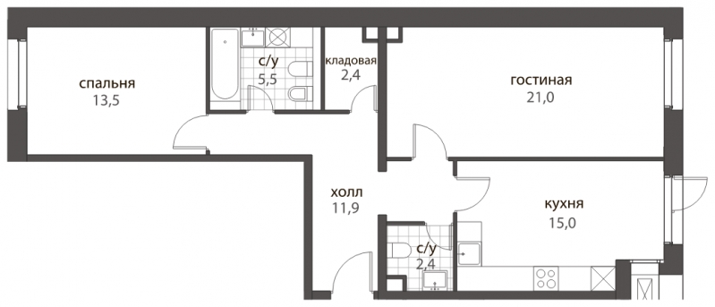 2-комнатная квартира в ЖК Прокшино на 14 этаже в 1 секции. Сдача в 1 кв. 2026 г.