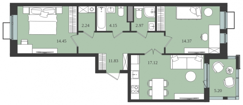 2-комнатная квартира в ЖК Прокшино на 3 этаже в 1 секции. Сдача в 1 кв. 2026 г.