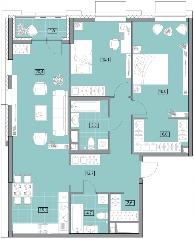 4-комнатная квартира в ЖК Прокшино на 17 этаже в 1 секции. Сдача в 1 кв. 2026 г.