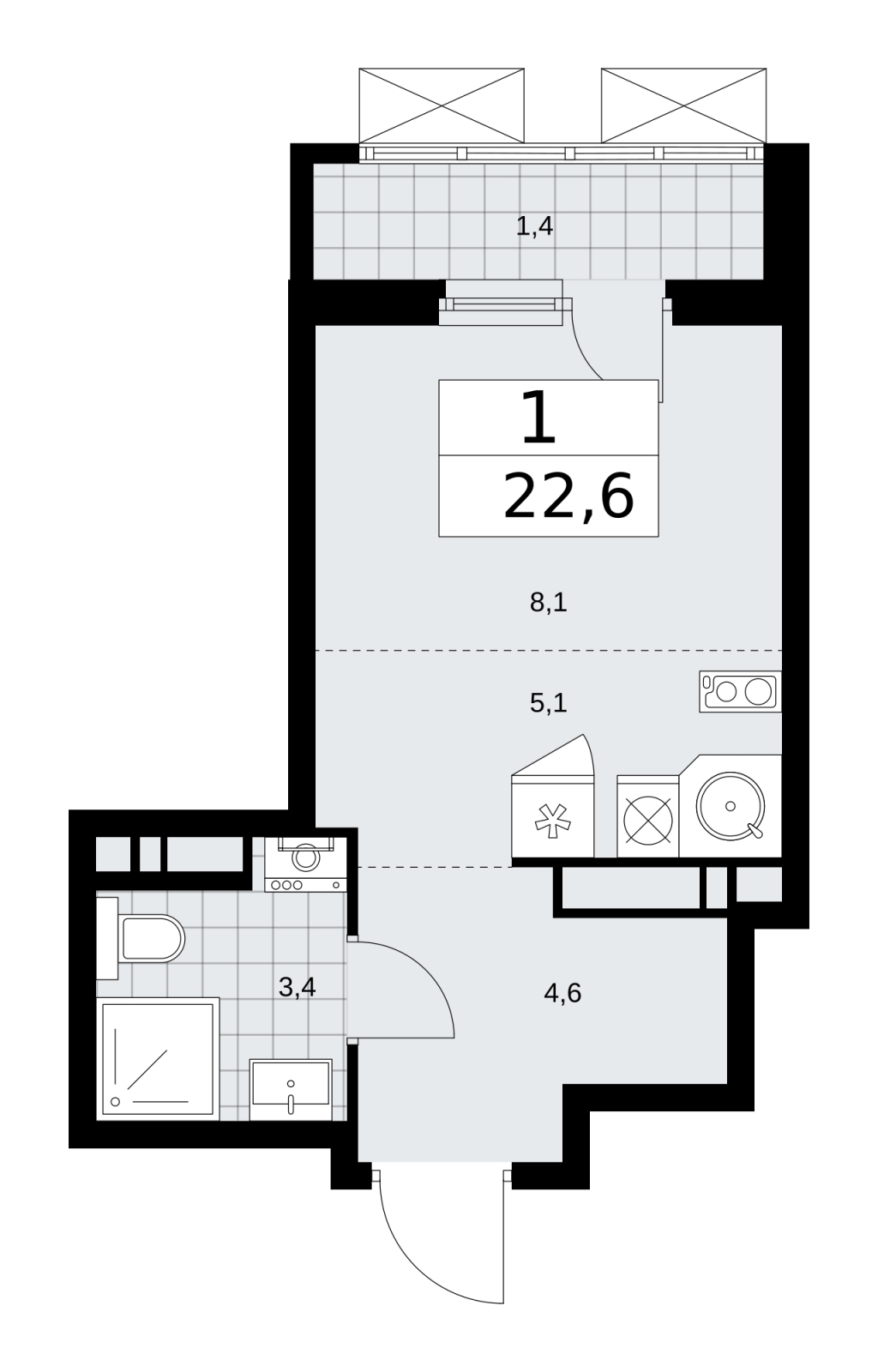 1-комнатная квартира (Студия) с отделкой в ЖК Прокшино на 4 этаже в 1 секции. Сдача в 2 кв. 2026 г.