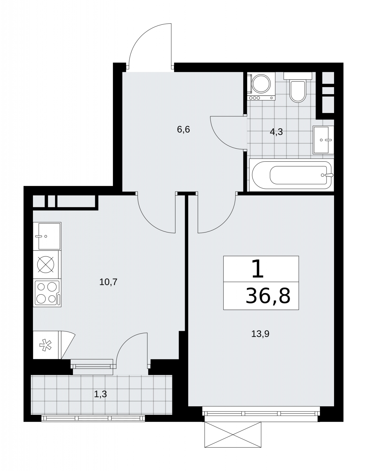 1-комнатная квартира в ЖК Циолковский на 18 этаже в 1 секции. Дом сдан.