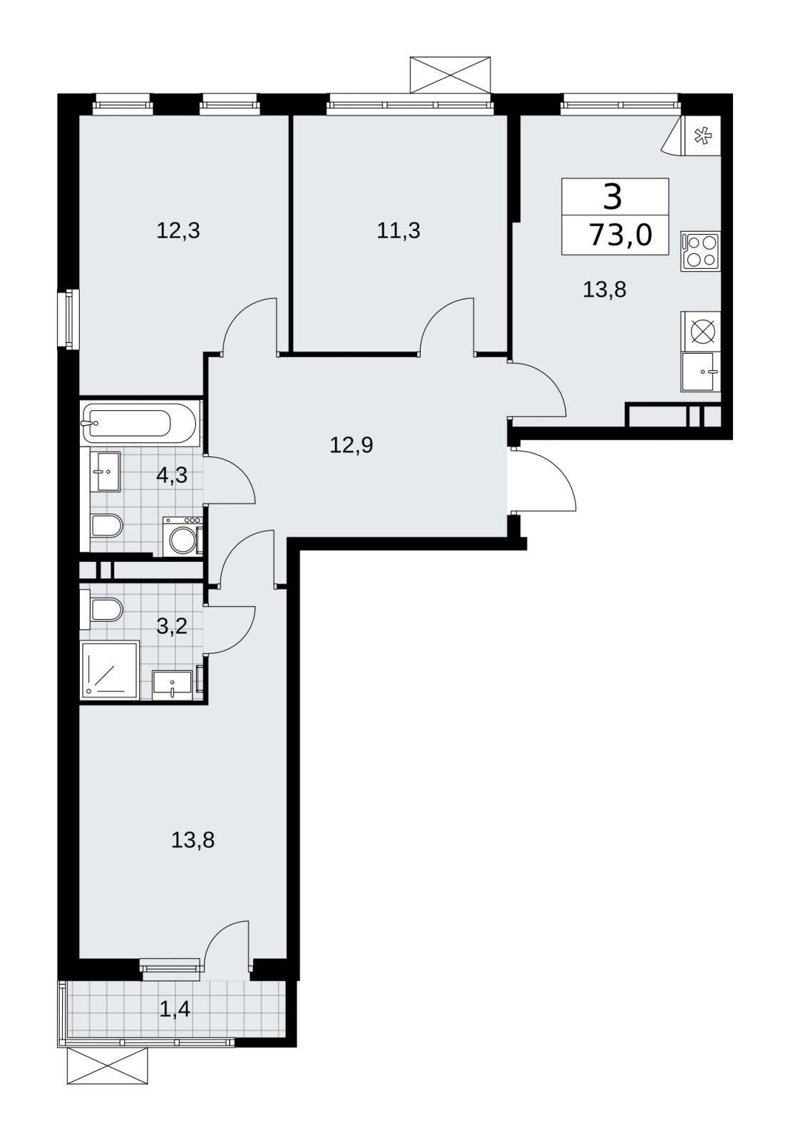 3-комнатная квартира в ЖК Байконур на 18 этаже в 1 секции. Дом сдан.