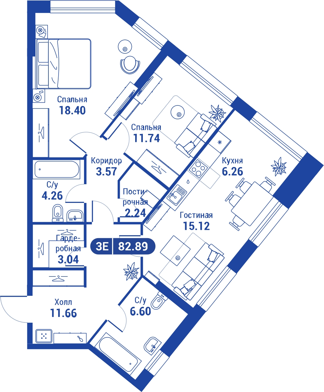3-комнатная квартира с отделкой в ЖК Прокшино на 2 этаже в 2 секции. Сдача в 2 кв. 2026 г.