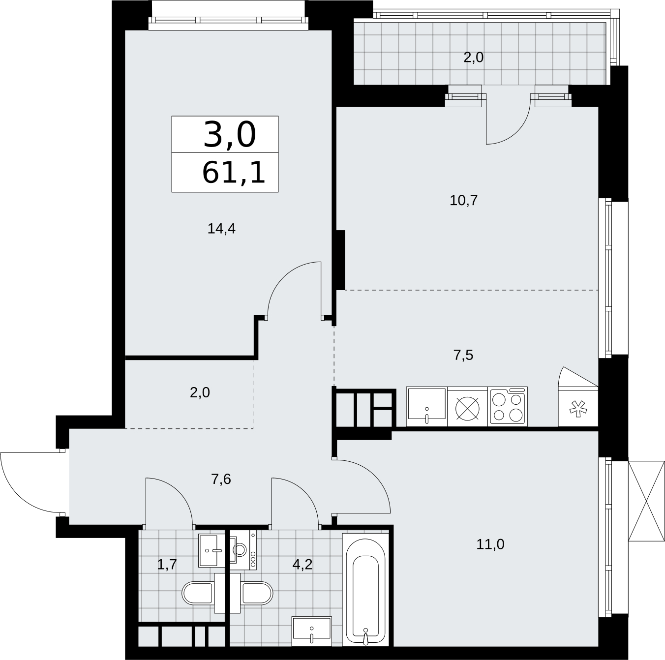 1-комнатная квартира (Студия) с отделкой в ЖК Прокшино на 11 этаже в 4 секции. Сдача в 2 кв. 2026 г.