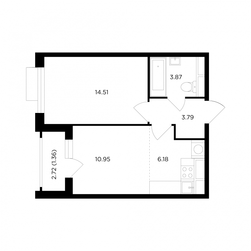 1-комнатная квартира (Студия) с отделкой в ЖК Прокшино на 13 этаже в 4 секции. Сдача в 2 кв. 2026 г.