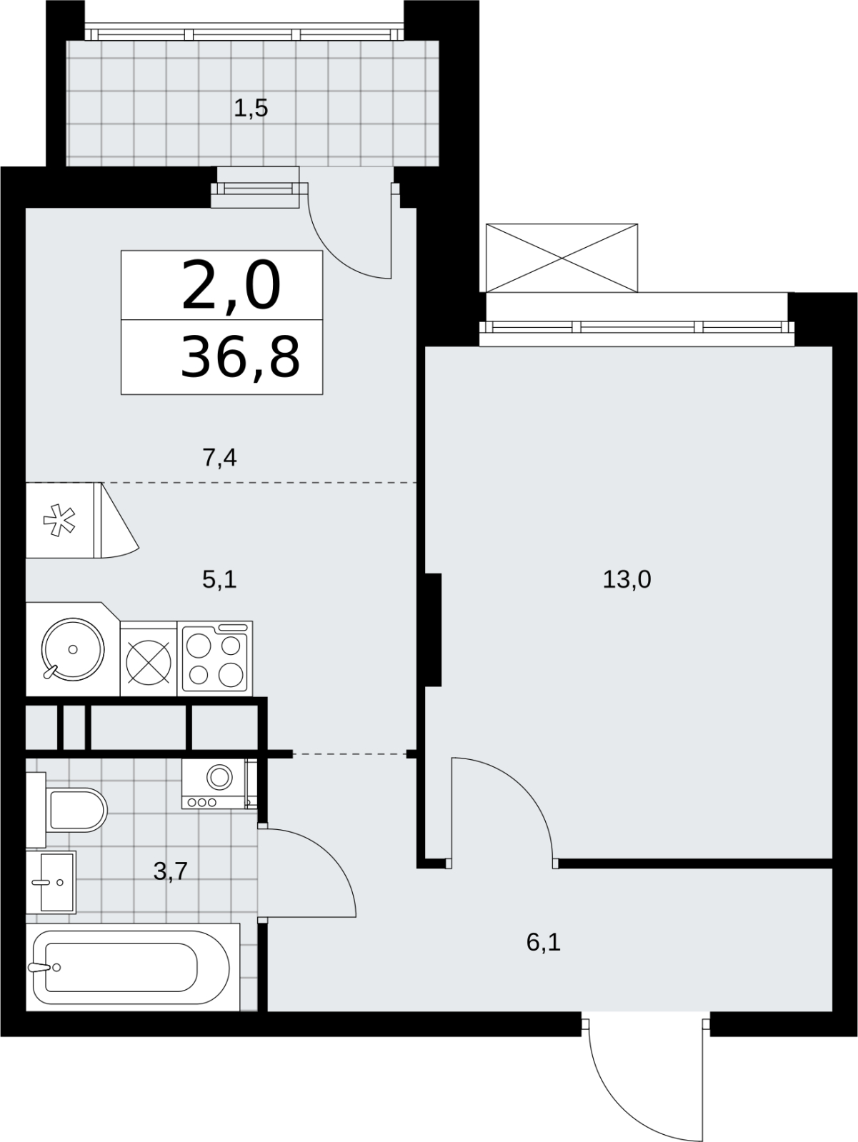 1-комнатная квартира (Студия) в ЖК Прокшино на 9 этаже в 1 секции. Сдача в 1 кв. 2026 г.