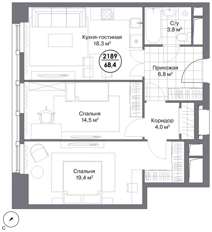 1-комнатная квартира с отделкой в ЖК Прокшино на 4 этаже в 5 секции. Сдача в 2 кв. 2026 г.